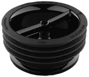 Svart plastavloppslock med rund, räfflad design och central tvärstång. Enkel att installera i golvbrunnar för att stoppa skräp och lukt.