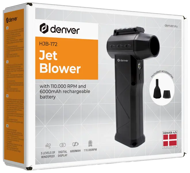 Sort håndholdt jetblæser med digitalt display, 5 vindhastigheder, 110.000 RPM, 6000mAh genopladeligt batteri. Inkluderer to mundstykke-tilbehør. Leveres i hvid og orange æske.