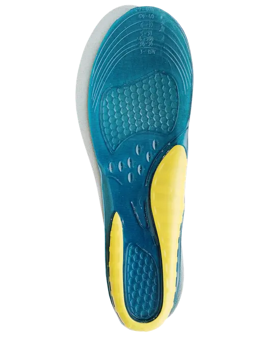 Gelsål til sko med blå og gule støddæmpende zoner, bikubestruktur for stødabsorbering og formet design til svang- og hælstøtte. Kan tilpasses forskellige skostørrelser.