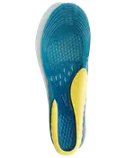 Gelsål til sko med blå og gule støddæmpende zoner, bikubestruktur for stødabsorbering og formet design til svang- og hælstøtte. Kan tilpasses forskellige skostørrelser.