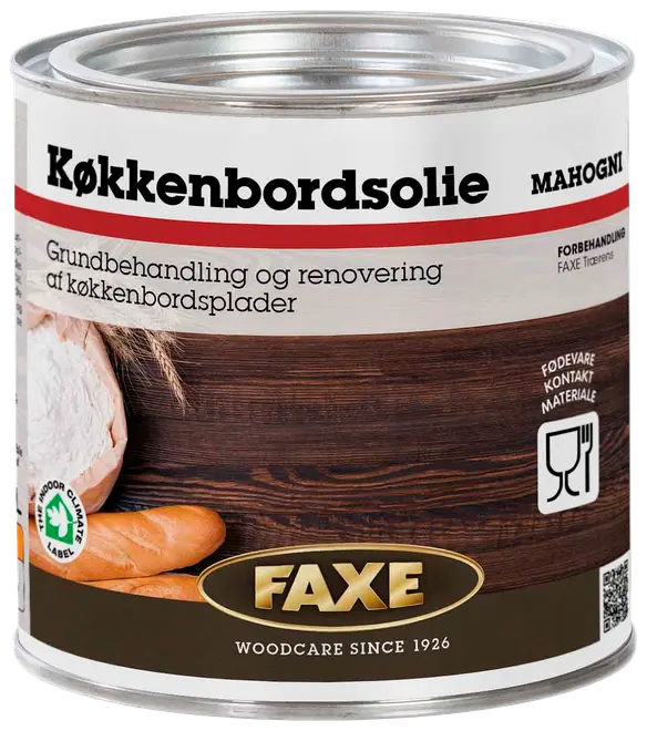 FAXE køkkenbordsolie, mahogni, til behandling og renovering af træbordplader. Fødevarekontakt godkendt, egnet til indendørs brug. Metal dåse med tydelig mærkning.