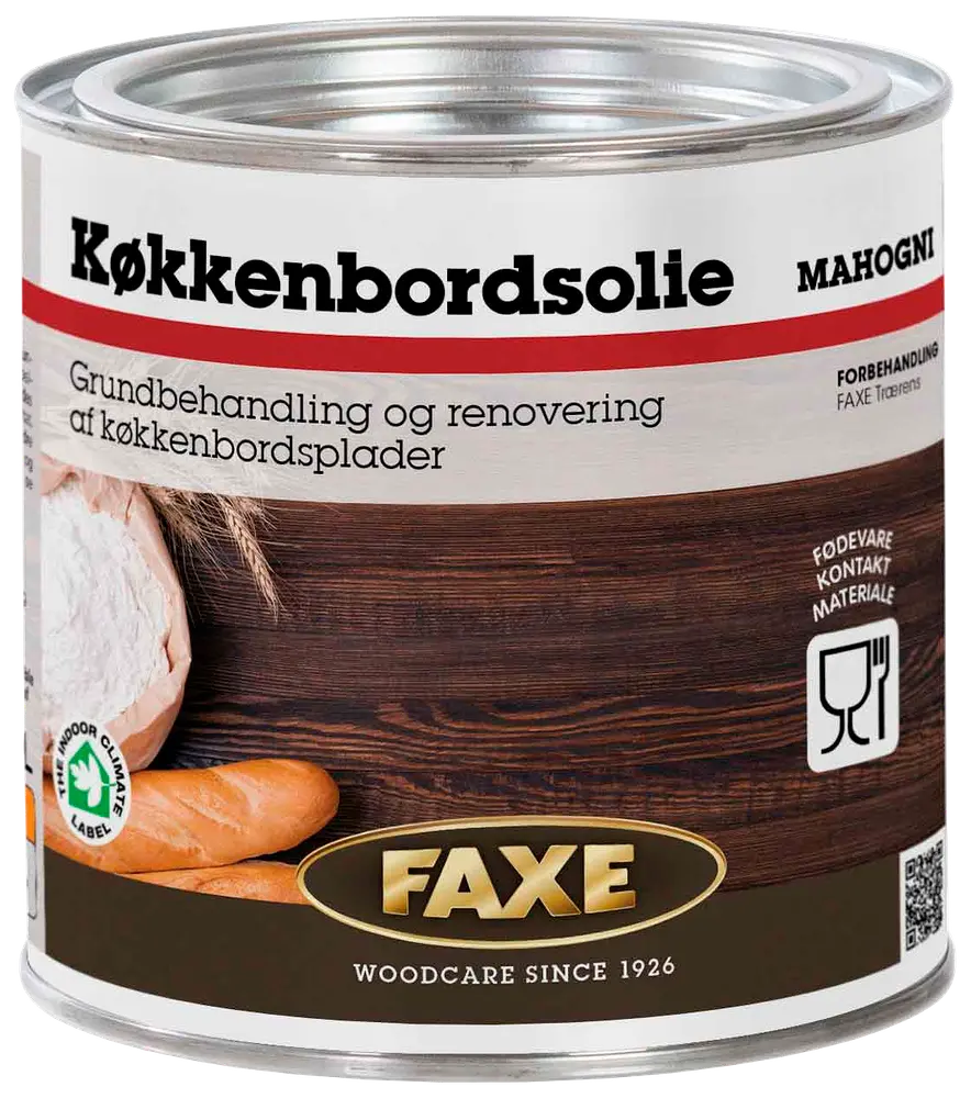 FAXE køkkenbordsolie, mahogni, til behandling og renovering af træbordplader. Fødevarekontakt godkendt, egnet til indendørs brug. Metal dåse med tydelig mærkning.