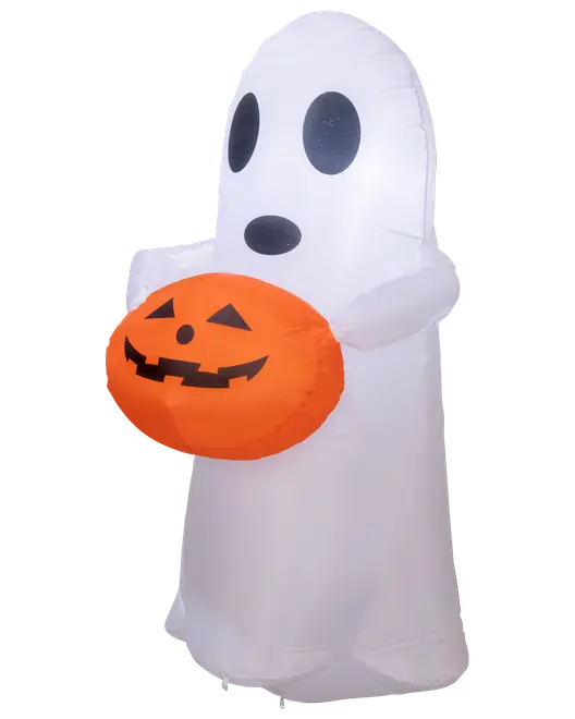 Oppustelig Halloween-dekoration formet som et hvidt spøgelse, der holder et orange græskar med sort græskarlygteansigt. Lavet af let materiale, egnet til inde eller ude.