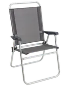 Sammenklappelig udendørs stol med gråt netstof i sæde og ryg, let sølvfarvet metalstel og sorte plastarmlæn. Velegnet til camping, picnic eller havebrug.