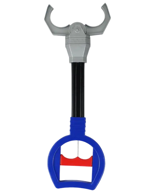 Plastikgribetang med grå klo, sort skaft, blåt håndtag og rød udløser. Velegnet til børn eller let brug. Let og nem at betjene.