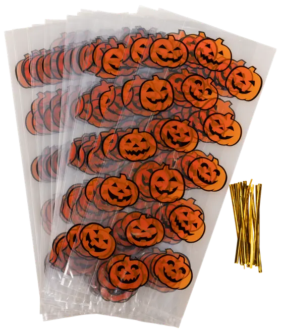 Set med genomskinliga godispåsar med orange pumpa-motiv, inkluderar guldfärgade snoddar. Perfekt för Halloween-gåvor, godis eller små presenter. Hållbar och festlig förpackning.