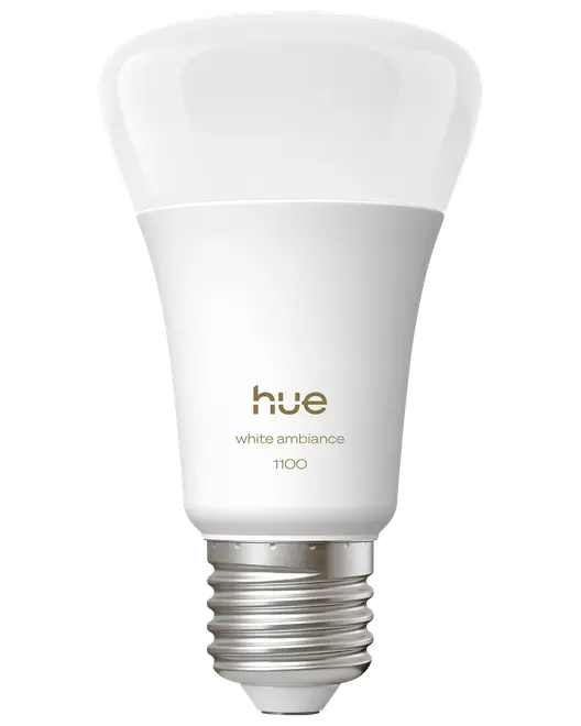 Philips Hue White Ambiance LED-pære, standard form, E26 fatning, 1100 lumen, justerbart hvidt lys, elegant hvidt design, egnet til intelligente belysningssystemer.