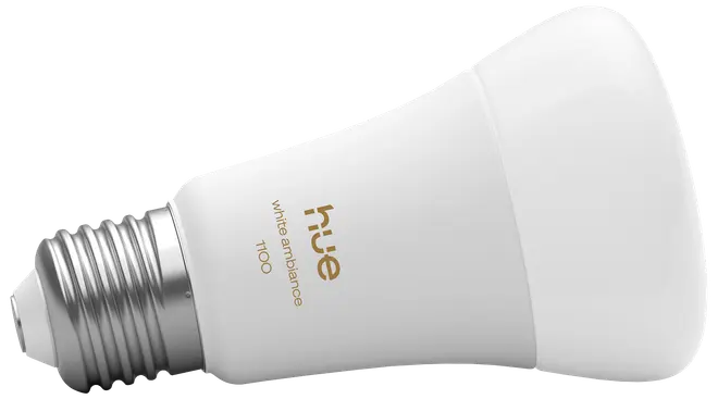 Philips Hue White Ambiance LED smartpære med E26 fatning, hvidt design, justerbar lysstyrke, kompatibel med smart home-systemer, energibesparende, perfekt til tilpasset belysning.