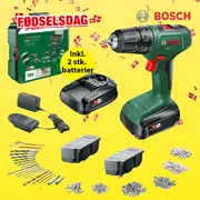 Bosch batteridrevet boremaskinesæt med 18V boremaskine, to batterier, oplader, forskellige bor, skruer, rawlplugs og kuffert. Inkluderer tilbehør til alsidig brug.