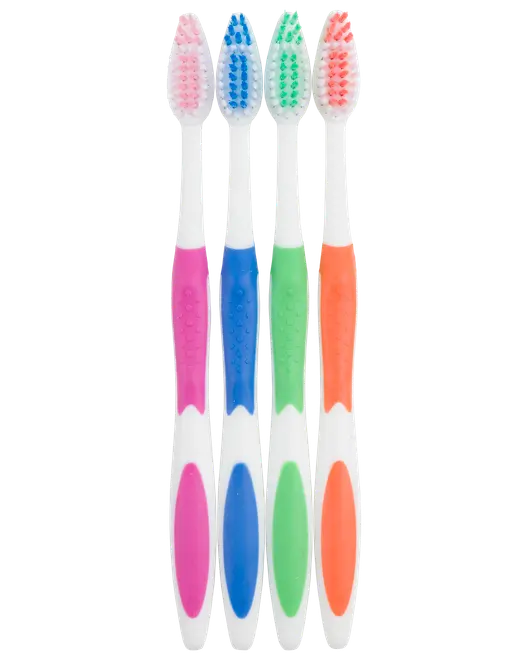 Fyra manuella tandborstar med mjuka borst och ergonomiska handtag i rosa, blått, grönt och orange. Varje borste har vit bas och färgat grepp för enkel identifiering.