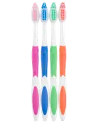Sæt med fire manuelle tandbørster med bløde børstehår og ergonomiske håndtag i pink, blå, grøn og orange. Hver børste har hvid base og farvet greb for nem genkendelse.