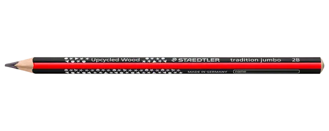 Staedtler Tradition Jumbo 2B blyant, lavet af genbrugstræ, sort og rød sekskantet skaft med hvide stjerner, spids slebet, felt til navnemærkning.