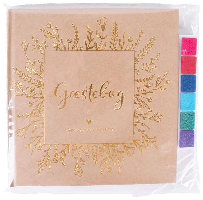Brun gæstebog med guldfarvet blomsterdesign og tekst, inkluderer seks farverige stempelpuder (pink, rød, blå, grøn, turkis, lilla) i siden, pakket i klar plastik.