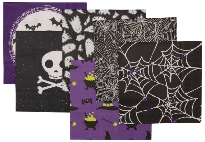 Set med Halloween-servetter med motiv av fladdermöss, spöken, dödskalle, spindelnät, häxor och kittlar. Färgerna är lila och svart med olika festliga mönster.