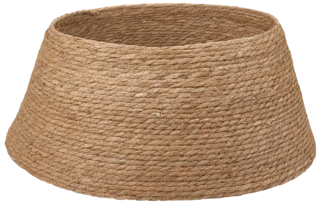 Naturlig flettet juletræskrave af jute, konisk form, lysebrun farve, åben i top og bund, designet til at dække juletræsfoden.