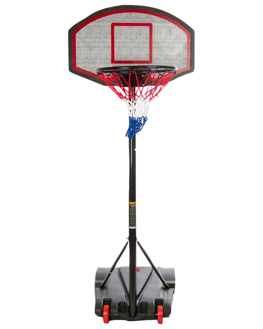 Transportabel basketballkurv med justerbar højde, sort stang, solid base med hjul, rød og blå net, rektangulært bagplade med rød kant. Velegnet til udendørs eller indendørs brug.
