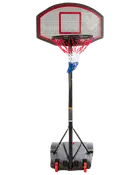 Transportabel basketballkurv med justerbar højde, sort stang, solid base med hjul, rød og blå net, rektangulært bagplade med rød kant. Velegnet til udendørs eller indendørs brug.