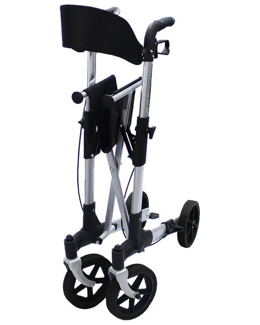 Lätt, hopfällbar rollator med fyra hjul, ergonomiska handtag och stabil ram. Kompakt design för enkel förvaring och transport, passar både inomhus och utomhus.