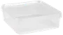 Klar, fyrkantig plastförvaringslåda med tättslutande lock. Perfekt för matrester, matförberedelse eller organisering. Hållbar, lätt och enkel att rengöra.