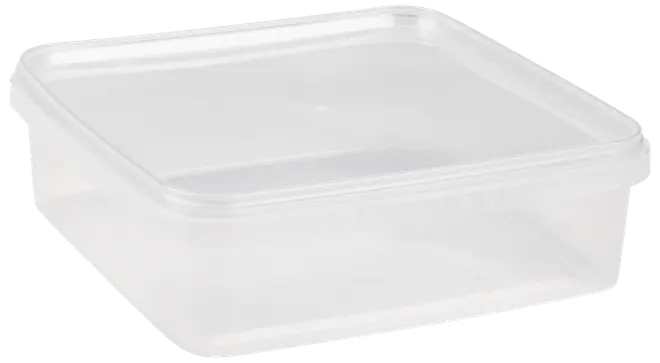 Klar, fyrkantig plastförvaringslåda med tättslutande lock. Perfekt för matrester, matförberedelse eller organisering. Hållbar, lätt och enkel att rengöra.