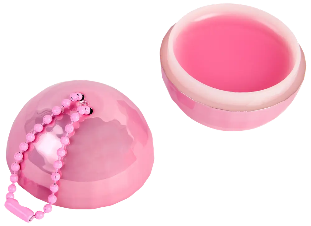Rund lyserød plastik kapsel med aftageligt låg og perlekæde. Kapslen kan åbnes til opbevaring af småting, ideel til legetøj, tilbehør eller festgaver.