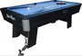 Elektrisk airhockey- og poolbord kombi med blåt filt, sort ramme, to køer, kugler, trekantstativ og strømkabel. Stærke ben og "StarLord" logo på siden.