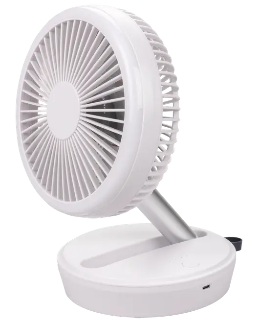 Kompakt hvid bordventilator med rund grill, justerbart vippehoved, solid base og USB-opladningsport. Moderne design til personlig køling på kontor eller i soveværelse.