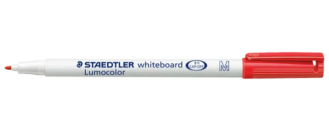 Hvid Staedtler Lumocolor whiteboardtusch med rød hætte og spids, medium tykkelse, 8 timers cap-off beskyttelse.