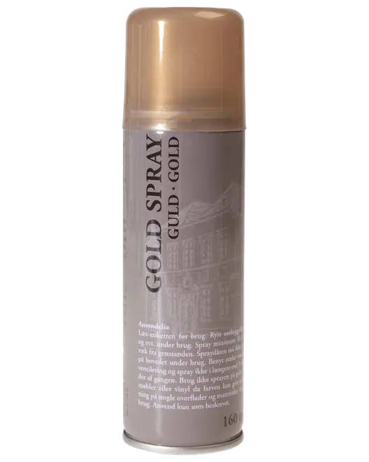Guldspraydåse med guldfarvet låg, mærket "Gold Spray". Velegnet til dekoration af forskellige overflader. Indeholder 160 ml. Brugsanvisning og advarsler på dåsen.