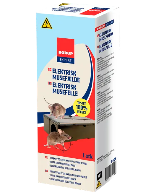Æske med elektrisk musefælde, viser billeder af mus og fælden. Indeholder sikkerhedsfunktioner, kabel- og batterimuligheder, og lover 100% testet effektivitet. Indeholder 1 stk.