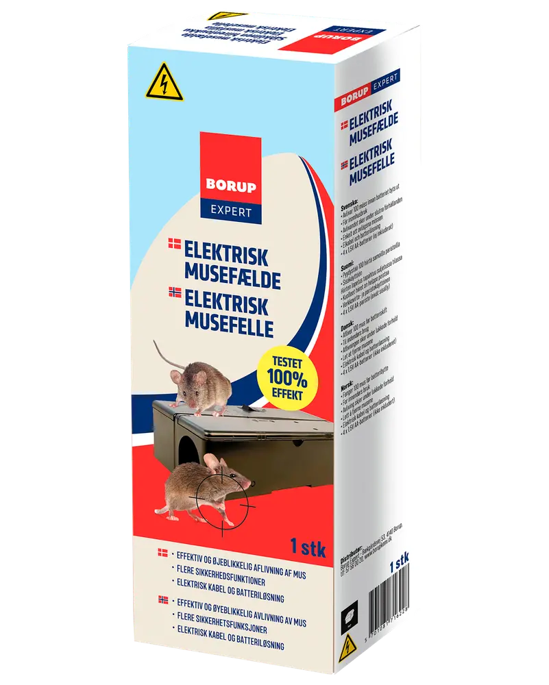 Æske med elektrisk musefælde, viser billeder af mus og fælden. Indeholder sikkerhedsfunktioner, kabel- og batterimuligheder, og lover 100% testet effektivitet. Indeholder 1 stk.