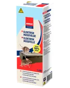 Förpackning med elektrisk musfälla, visar bilder på möss och fällan. Har säkerhetsfunktioner, kabel- och batteridrift, 100% testad effekt. En fälla per förpackning.