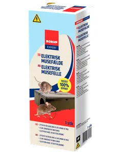 Æske med elektrisk musefælde, viser billeder af mus og fælden. Indeholder sikkerhedsfunktioner, kabel- og batterimuligheder, og lover 100% testet effektivitet. Indeholder 1 stk.