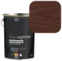 Saga Supreme oliebaseret heldækkende træbeskyttelse, 5 liter, i en dyb brun farve. Sort dåse med hvid tekst og farveprøve af slutresultatet.