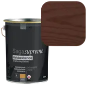 Saga Supreme oliebaseret heldækkende træbeskyttelse, 5 liter, i en dyb brun farve. Sort dåse med hvid tekst og farveprøve af slutresultatet.