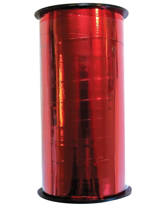 Stor rulle med glansigt rött presentsnöre, perfekt för presentinslagning eller dekoration. Snöret är lindat runt en svart plastspole för enkel användning.