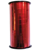 Stor rulle med skinnende rødt krøllebånd, ideel til gaveindpakning eller dekorationer. Båndet er viklet omkring en sort plastikspole for nem brug.