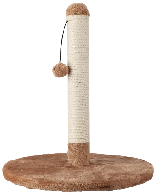 Klöspelare för katt med beige sisalstolpe, rund brun plyschbas och hängande plyschboll. Perfekt för klösning och lek.