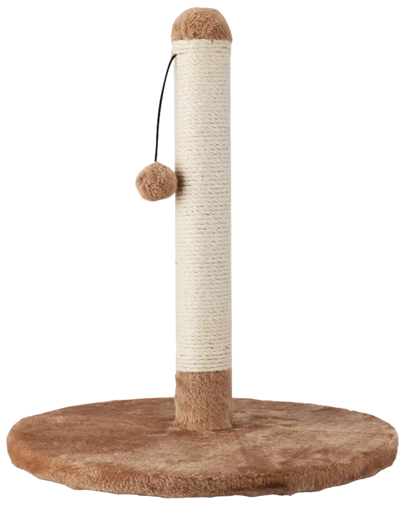 Kradsetræ til katte med beige sisal-stolpe, rund brun plysbase og hængende plysbold. Perfekt til katte, der vil kradse og lege.