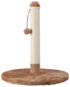 Klöspelare för katt med beige sisalstolpe, rund brun plyschbas och hängande plyschboll. Perfekt för klösning och lek.