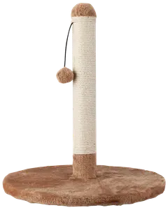 Kradsetræ til katte med beige sisal-stolpe, rund brun plysbase og hængende plysbold. Perfekt til katte, der vil kradse og lege.