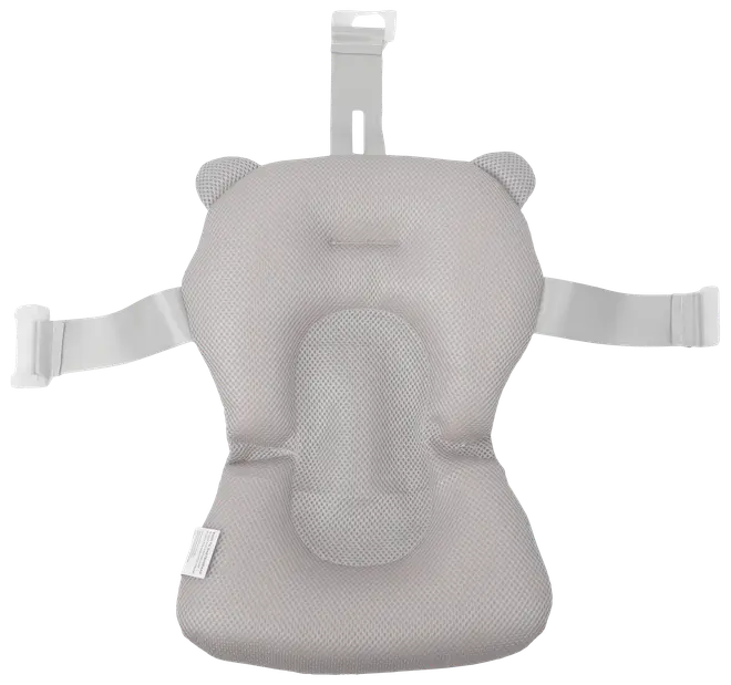 Ljusgrått nätbadstöd för bebis med huvudstöd, formad design och justerbara remmar. Andningsbart material ger komfort och säkerhet vid bad för spädbarn.
