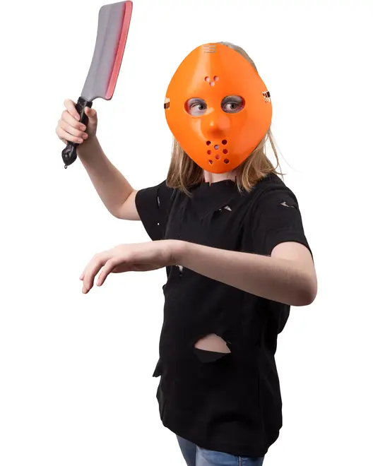 Barnkostym för Halloween med trasig svart tröja, orange mask och stor plastkniv. Perfekt för maskerad eller temafest. Passar de flesta barn.