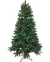 Kunstigt juletræ med tætte grønne grene, forudmonteret med røde, blå og hvide LED-lys, og sort metalfod. Ingen pynt medfølger.