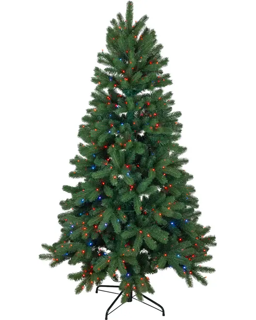 Kunstigt juletræ med tætte grønne grene, forudmonteret med røde, blå og hvide LED-lys, og sort metalfod. Ingen pynt medfølger.