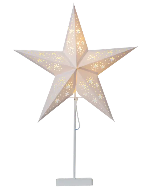 Hvid stjerneformet bordlampe med udskårne mønstre, udsender varmt lys. Femspidset design på hvid stander. Perfekt til festlig eller dekorativ brug, moderne og elegant udseende.