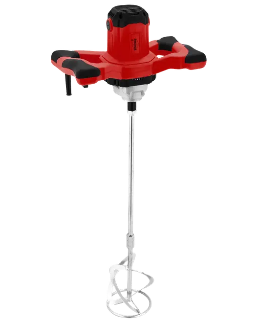 Elektrisk malings- og mørtelblander med ergonomiske røde og sorte håndtag, lang metalblanderstang og spiralformet piskeris. Velegnet til maling, mørtel eller lim. Robust design.
