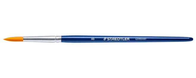 Blå Staedtler pensel med sølvfarvet skaft og orange børstehår, vist i profil.