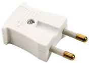 Hvidt europæisk tobenet stik med guldbelagte ben, rektangulær plastkrop og centralskrue til fastgørelse af ledninger. Passer til standard europæiske stikkontakter.