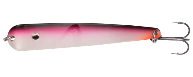 Pink og hvid hård fiskelokke med sort ryg, øjendetalje og trekrog bagpå.